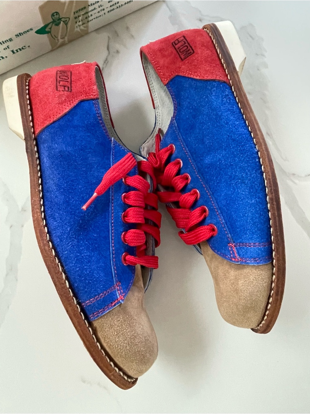Vintage Wolf Brand Red and Blue Suede Rental Bowling Shoes, Size 7